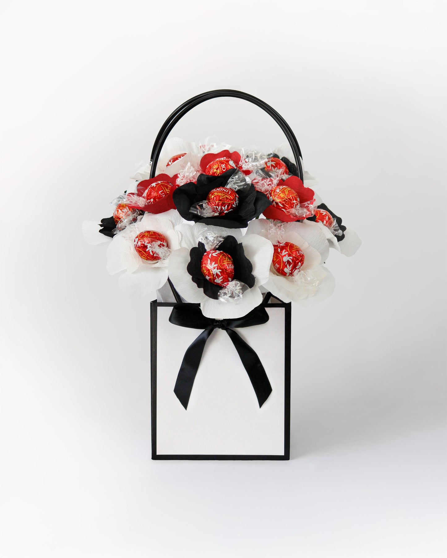 Champagne Cocktail Blooms — elegant handmade chocolate bouquet with black, white and red flowers