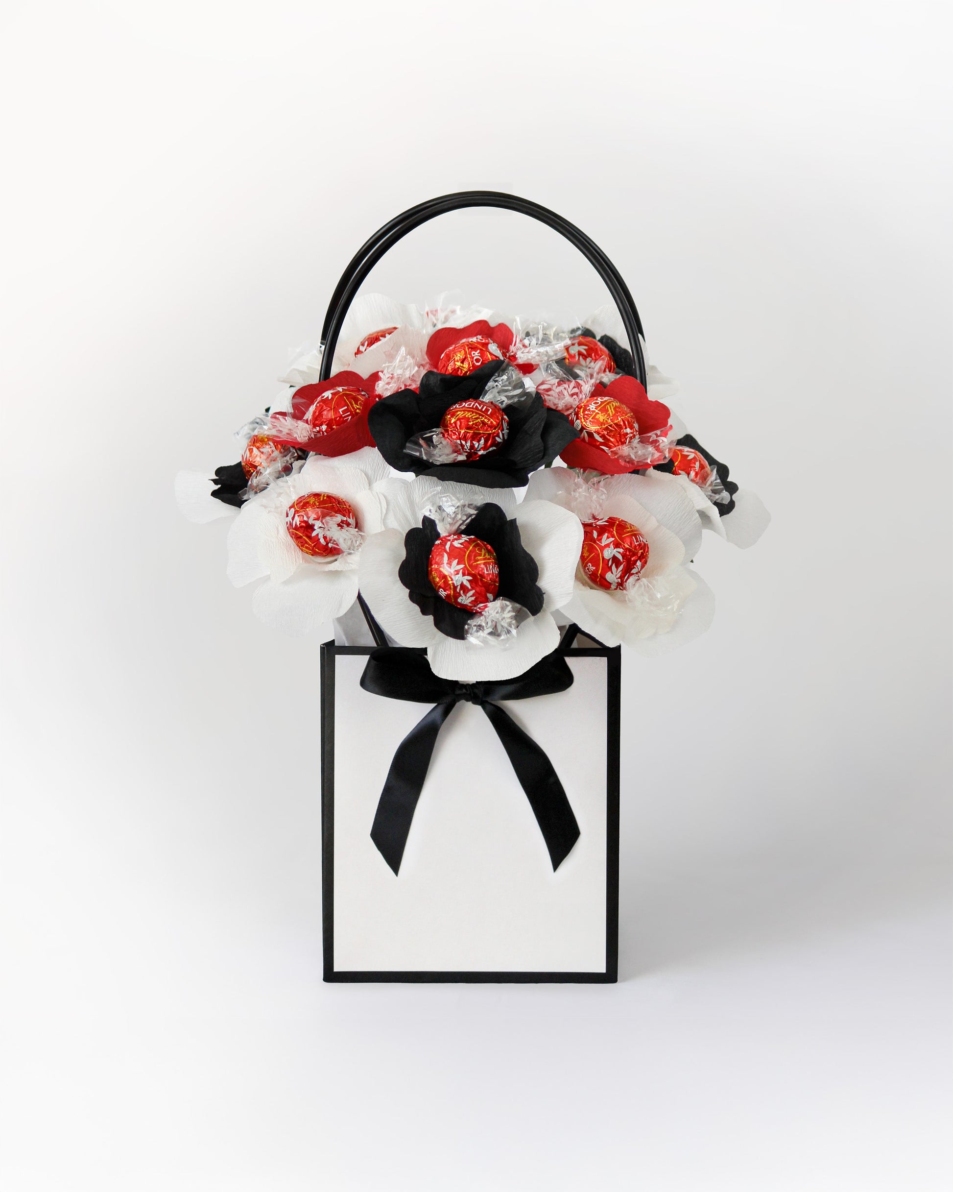 Champagne Cocktail Blooms — elegant handmade chocolate bouquet with black, white and red flowers