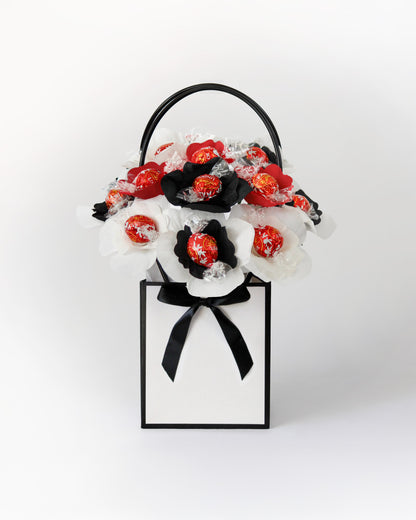 Champagne Cocktail Blooms — elegant handmade chocolate bouquet with black, white and red flowers