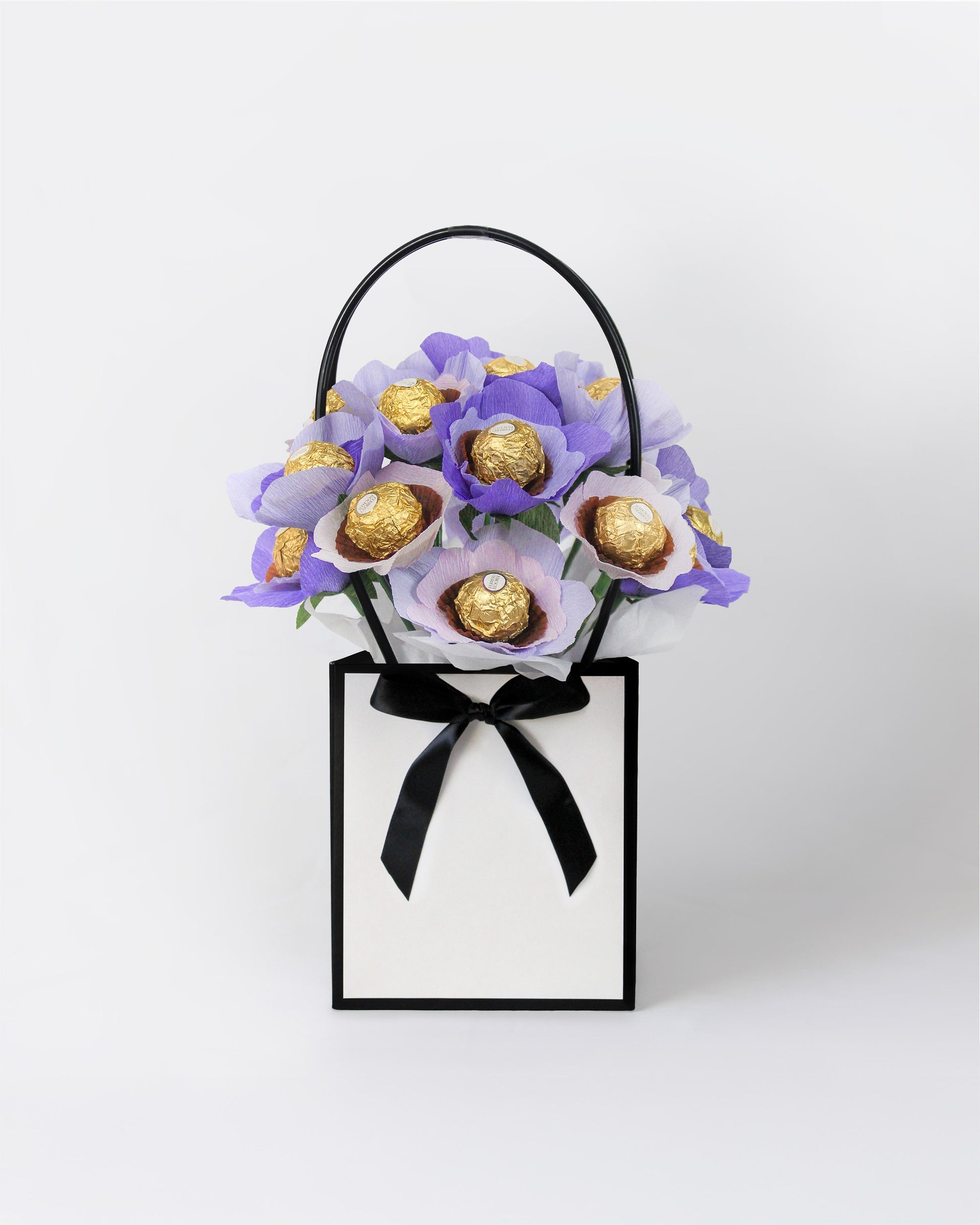 Elegant gift box of chocolate-centred flowers inspired by lavender fields