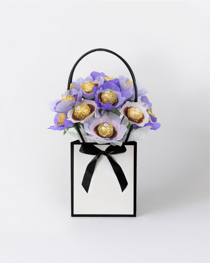 Elegant gift box of chocolate-centred flowers inspired by lavender fields