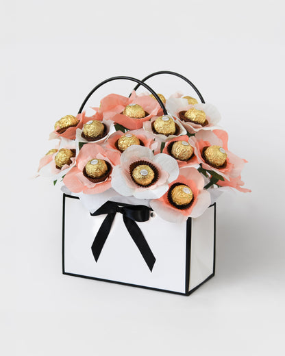 Peaches & Cream bloom box with delicate chocolate-centred flowers